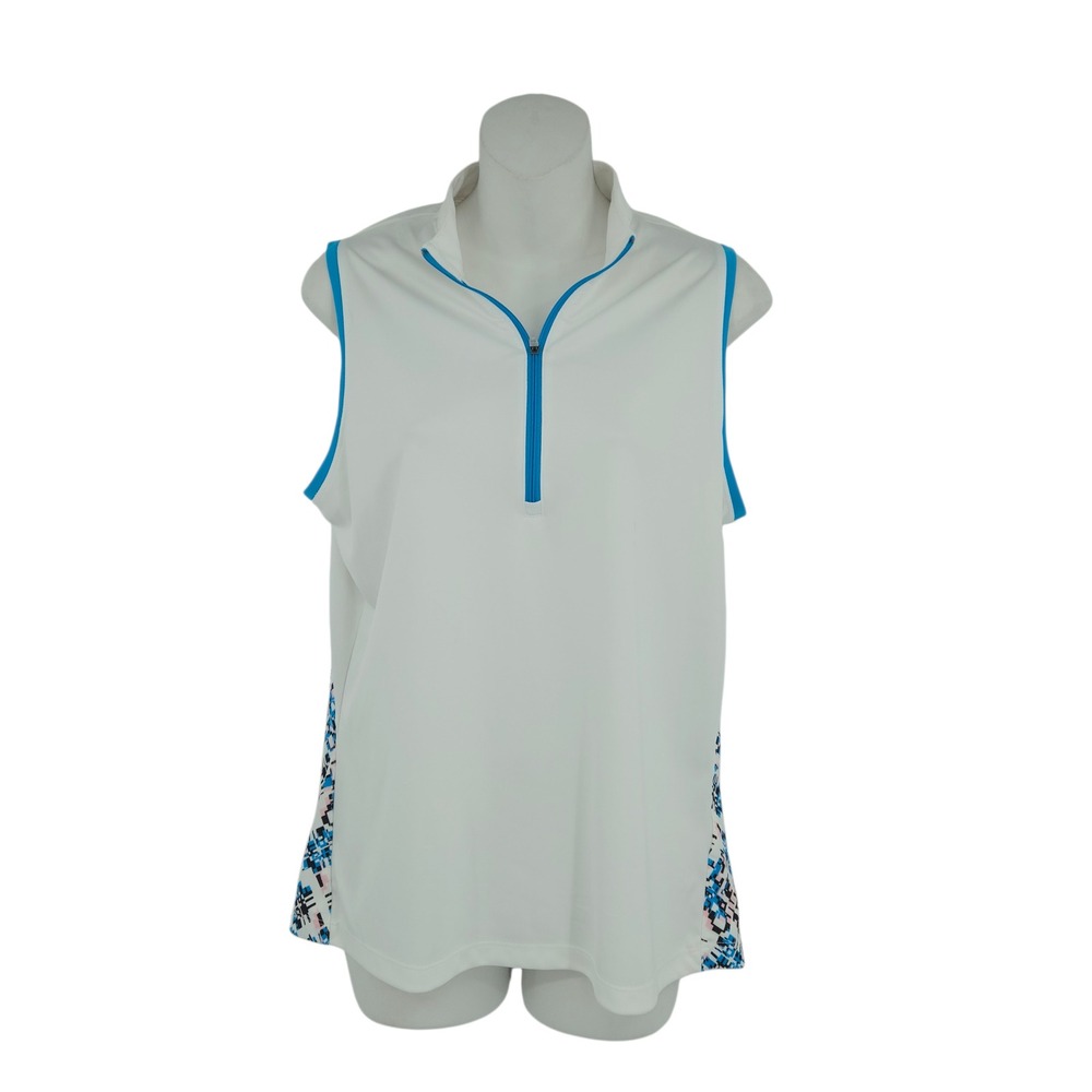 Callaway Sleeveless Golf Polo Women L‎ White Blue Geometric Opti-Dri Activewear